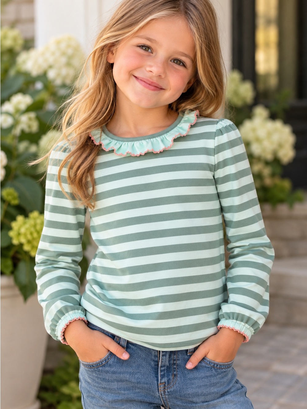 Matilda Jane Girls Size 6 Striped Ruffle Collar Long Sleeve Top